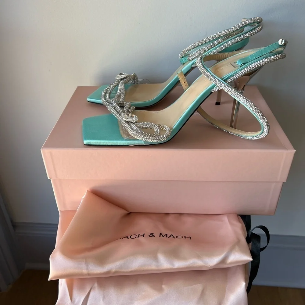 MACH & MACH Double Crystal Bow Square Toe Sandal Mint - Picture 10 of 14